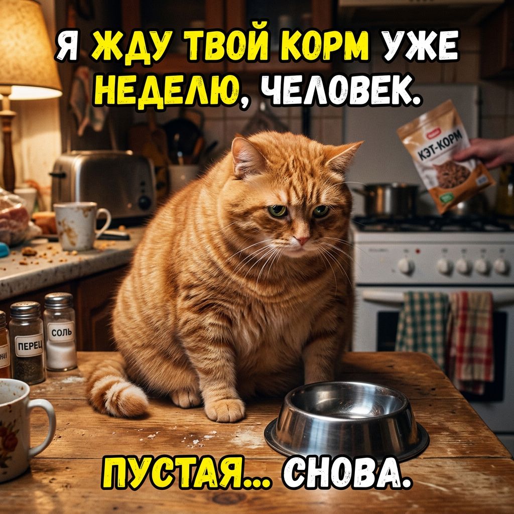 Кот с трагическим укором смотрит на пустую миску