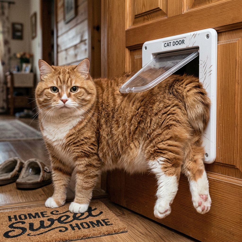 Кот застрял в кошачьей дверце
