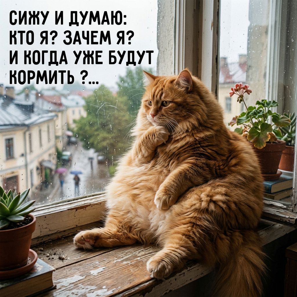 Толстый кот философски смотрит в окно